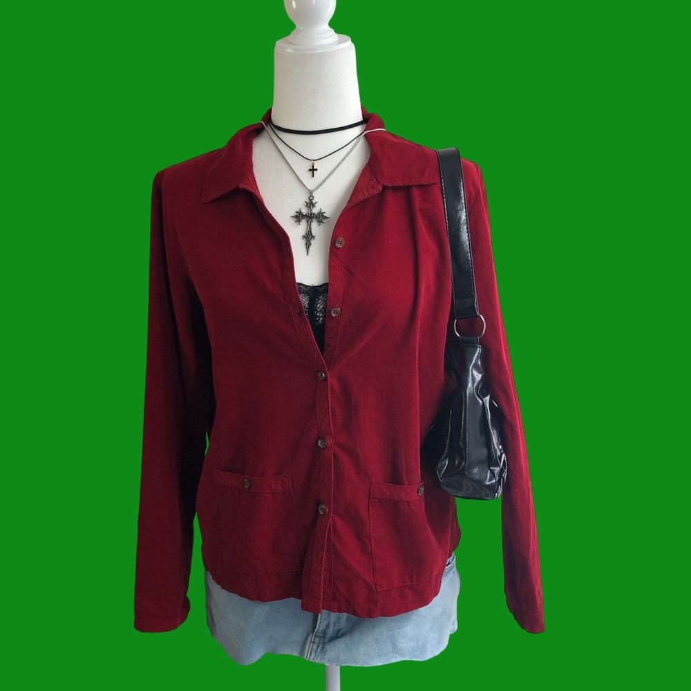 Vintage 90s Hot Cotton Red Corduroy Shirt Jacket S Petite Fitted Utility Grunge